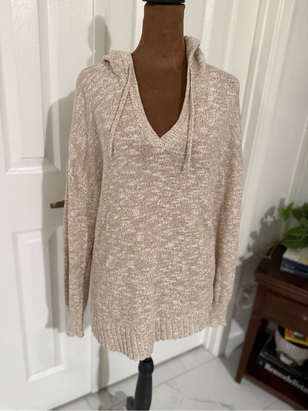 Cozy V-Neck Hooded Sweater - Beige